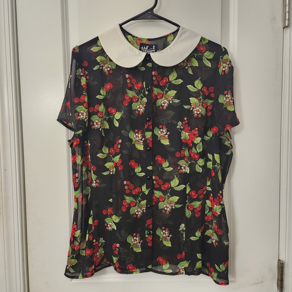 Hell Bunny - Sheer Black Cherry Print Button-up Blouse 90s 50s Vintage style 2X